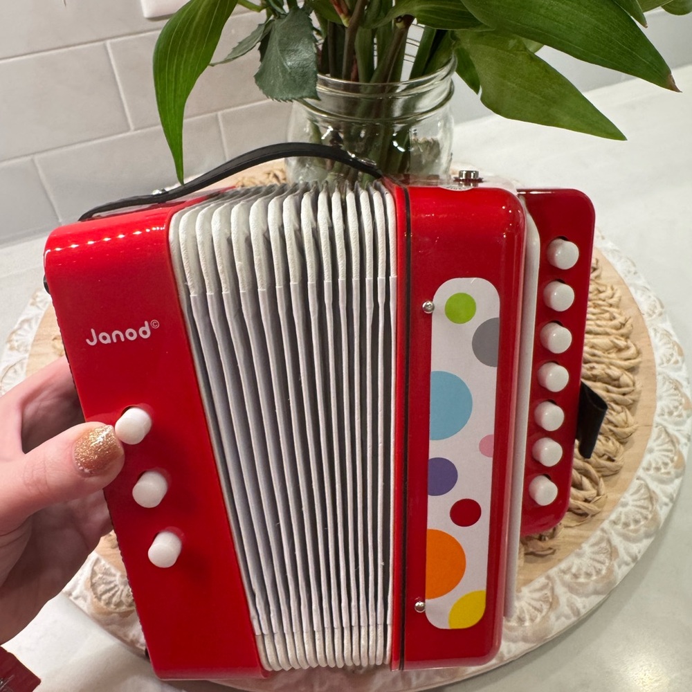 Janod Red Accordion Toy with Colorful Polka Dots
